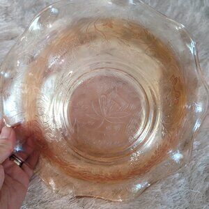 Vintage Fruit Bowl Iridescent Gold Depression Glass Floral Carving Orange